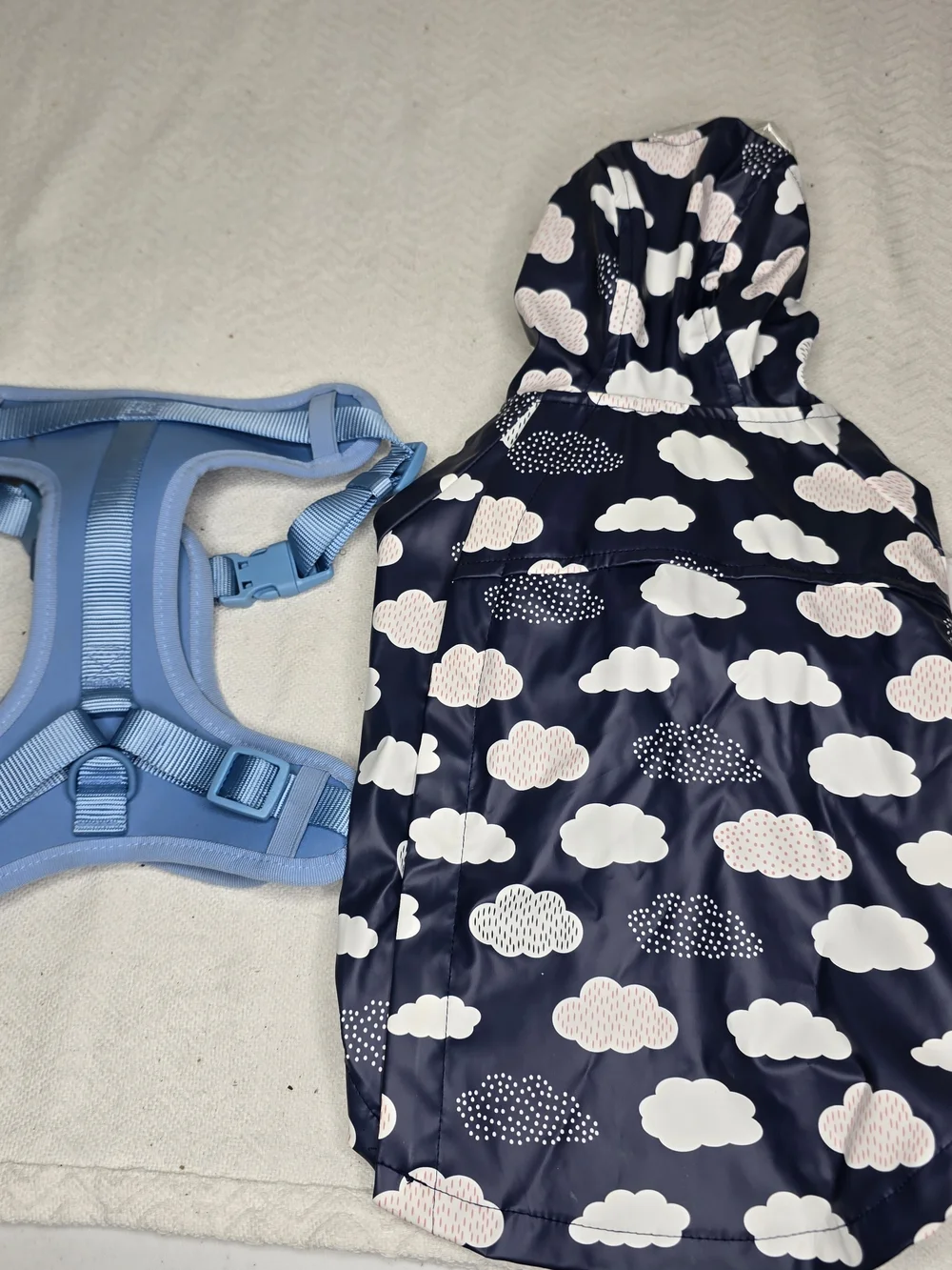 Cloud Print Navy Dog Raincoat with Light Blue Harness